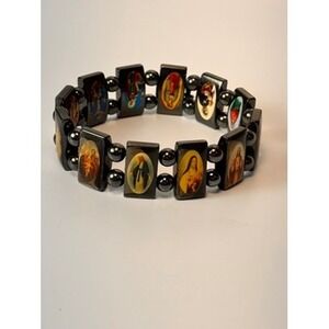 Religious Saint Icon Magnetic Bracelet Black Y2K Goth Spiritual Hematite